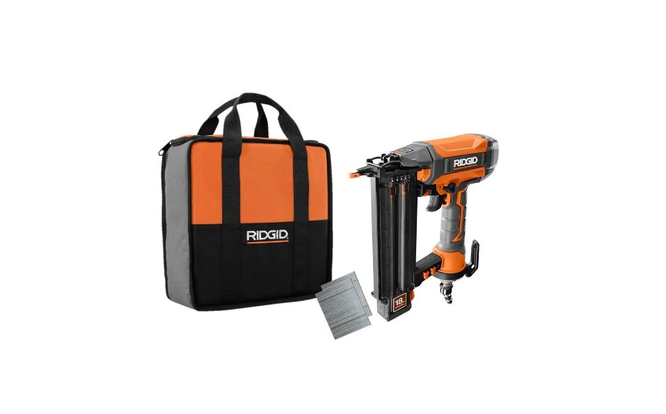 RIDGID R213BNF Pneumatic 18-Gauge 2-1/8 in. Brad Nailer with CLEAN DRIVE Technology. Tool Bag. and Sample Nails