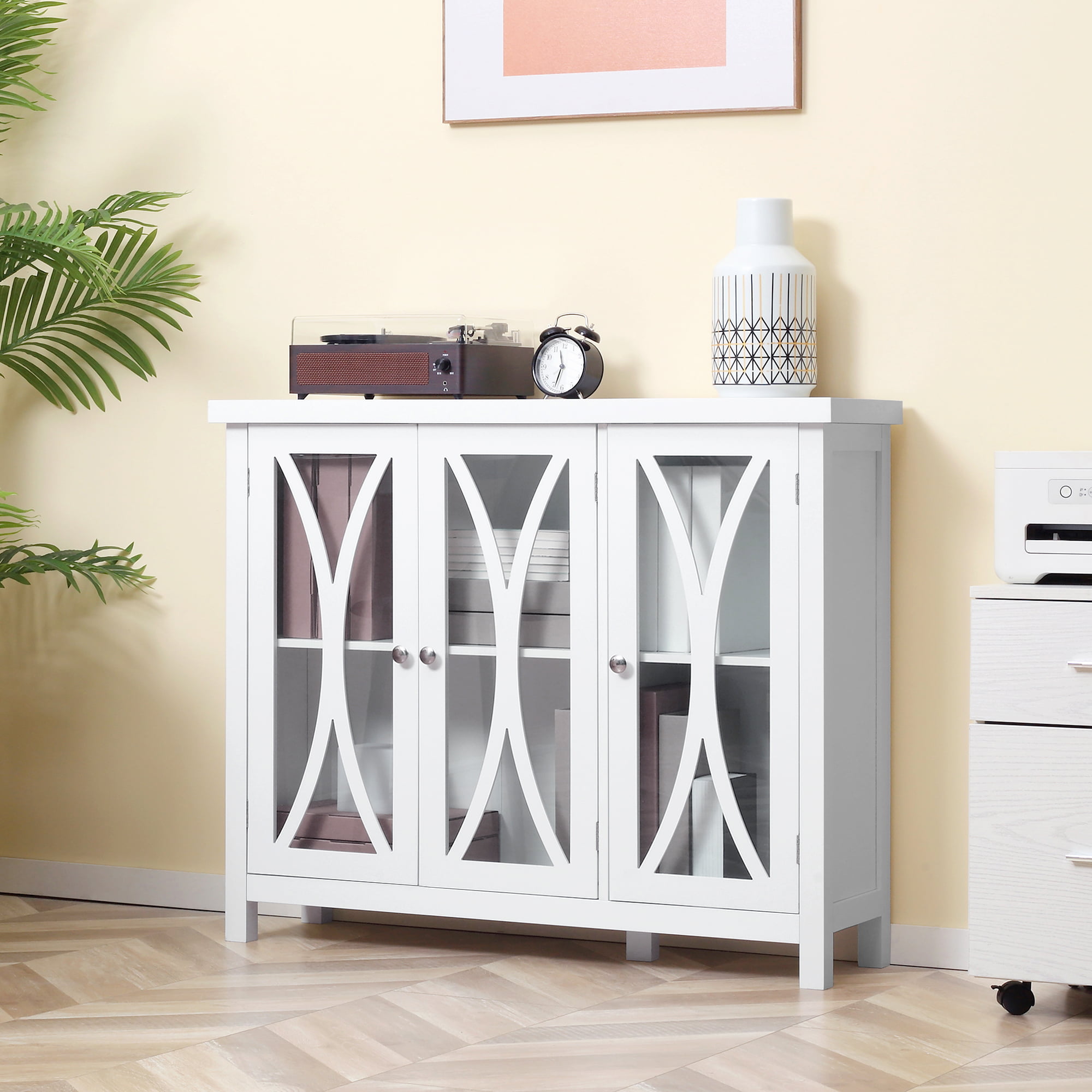 HOMCOM Modern Kitchen Sideboard. Buffet Cabinet with 2 Storage Cupboard. Glass Doors for Living Room. Bedroom. White