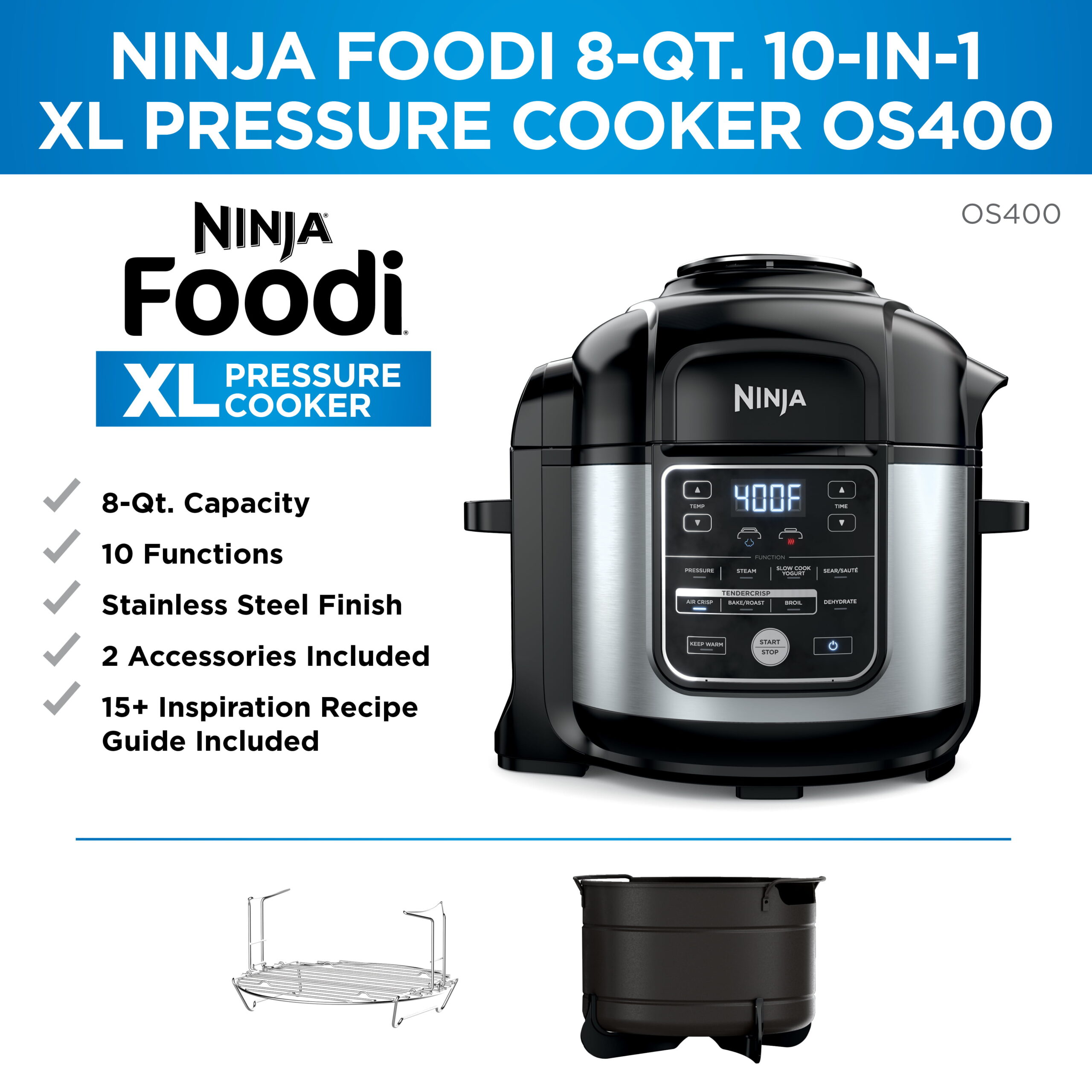 Ninja Foodi 10-in-1 8-quart XL Pressure Cooker Air Fryer Multicooker. Stainless. OS400
