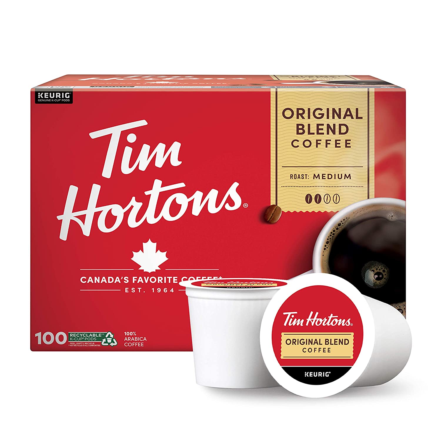 Tim Hortons Original Blend Medium Roast Coffee. Single-Serve K-Cup Pods Compatible with Keurig Brewers. 100ct K-Cups