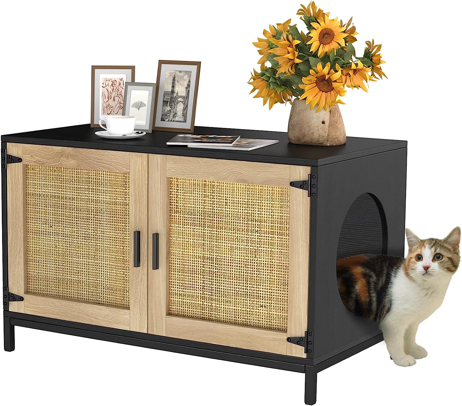 GDLF Cat Litter Box Furniture Hidden with Natural Rattan Doors Litter Box Enclosure with Cat Litter Mat/Scratch Pad and Metal Legs