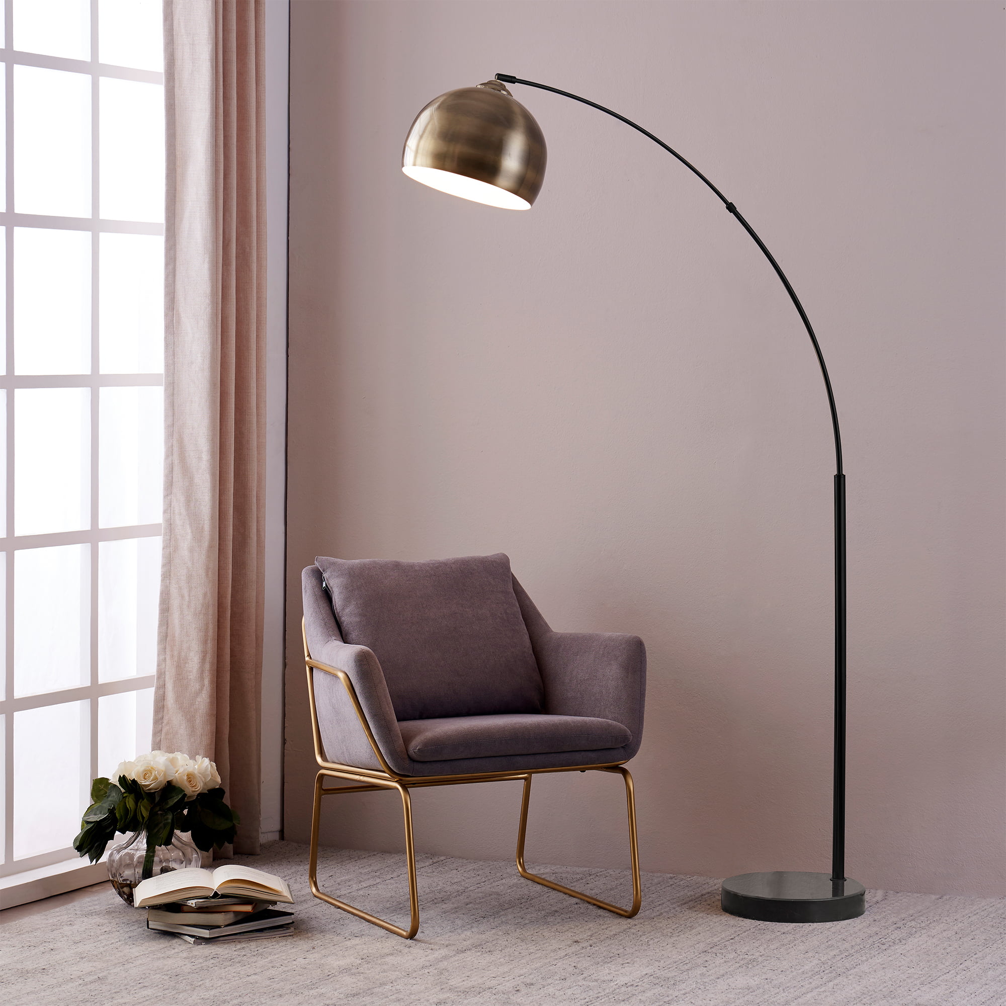 Versanora - Arquer Arc Floor Lamp With Marble Base. Antique Brass Finished Shade
