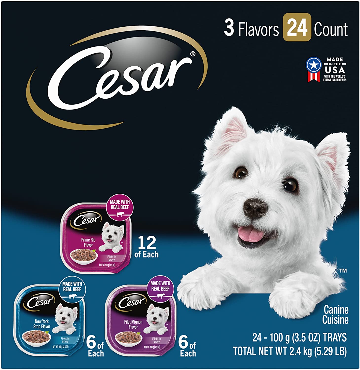 CESAR Adult Soft Wet Dog Food Filets in Gravy Variety Pack. Filet Mignon. New York Strip and Prime Rib Flavors. (24) 3.5 oz. Trays