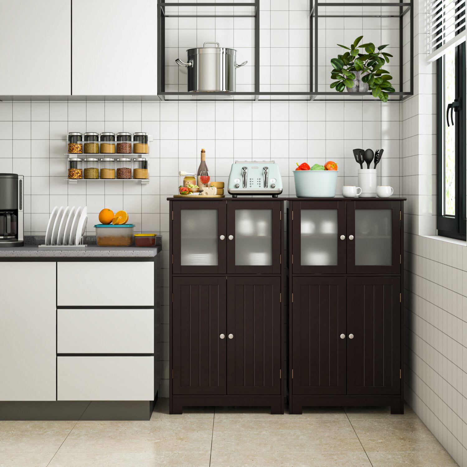 Homfa Bathroom Floor Storage Cabinet. Wood Linen Cabinet with Doors and Adjustable Shelf. Kitchen Cupboard. Dark Brown