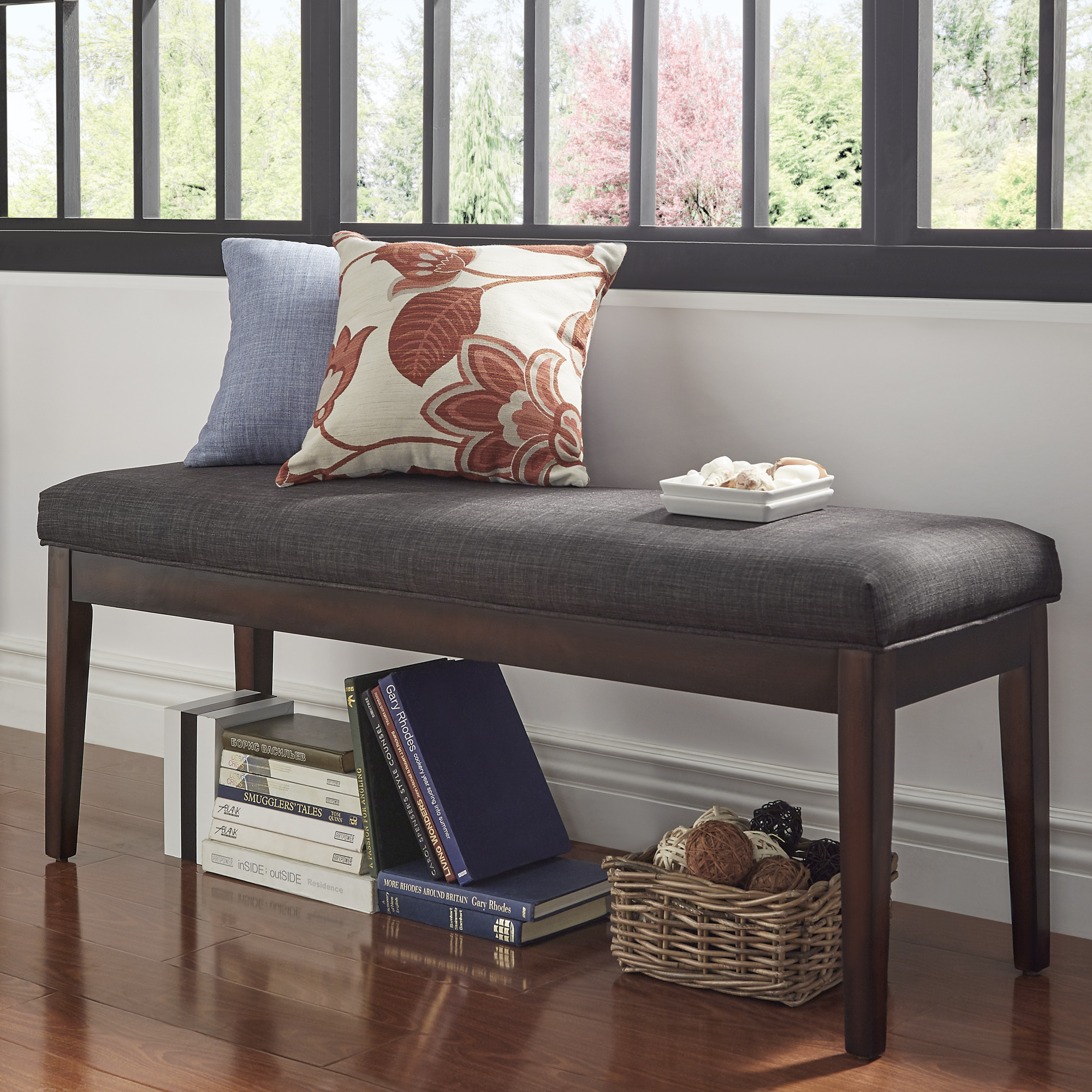 Chelsea Lane Espresso Wood Linen Upholstered Bench. Dark Gray