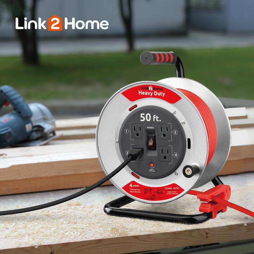 Link2Home EM-CG-500E-DS 50 ft. Heavy-Duty Professional Grade Metal Cord Reel