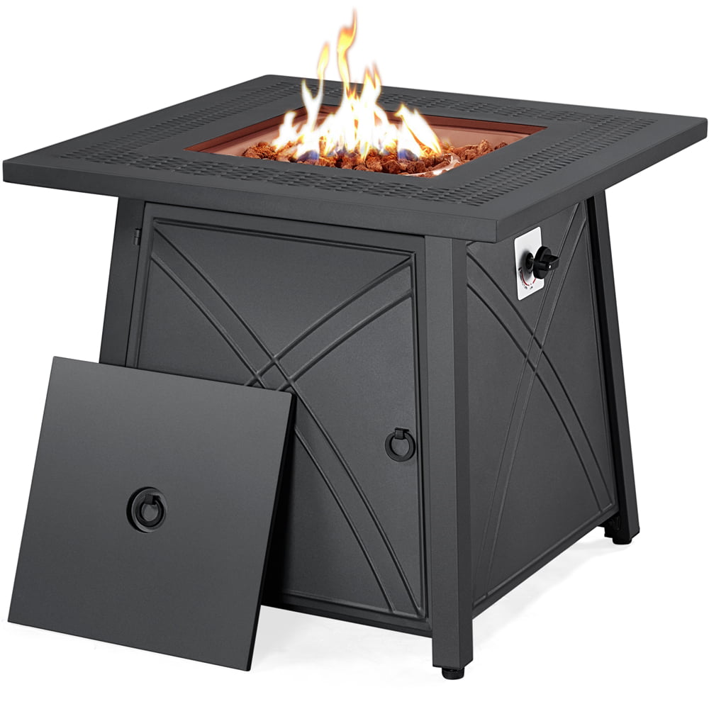 SMILE MART 28″ Propane Gas Fire Pit with Lid and Iron Tabletop. Black