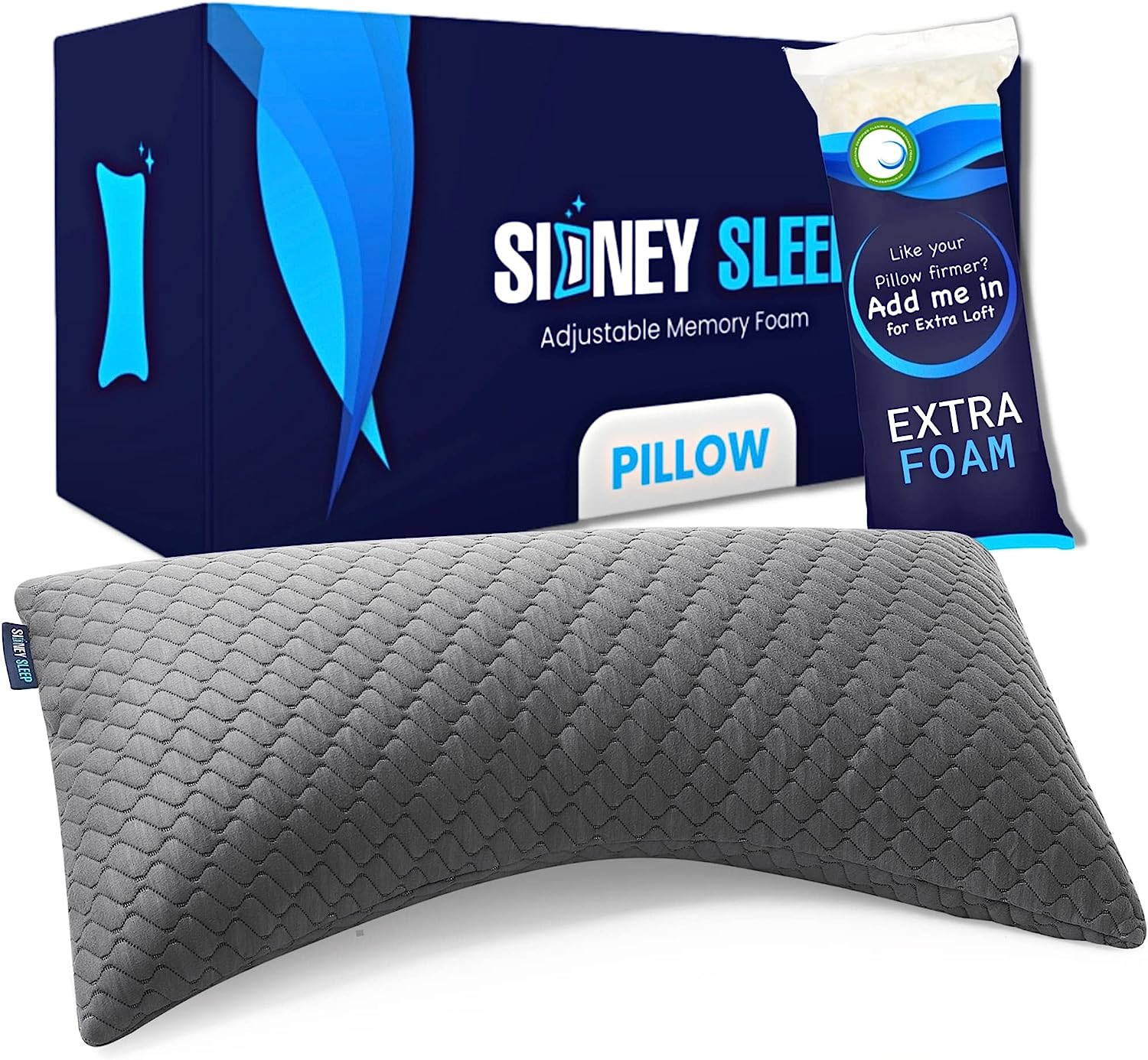 Sidney Sleep Bed Pillow for Side and Back Sleepers - Adjustable Filling - Memory Foam Pillow for Neck and Shoulder Pain - Customizable Loft - King Size - Additional Foam Bag Included (King. Grey)