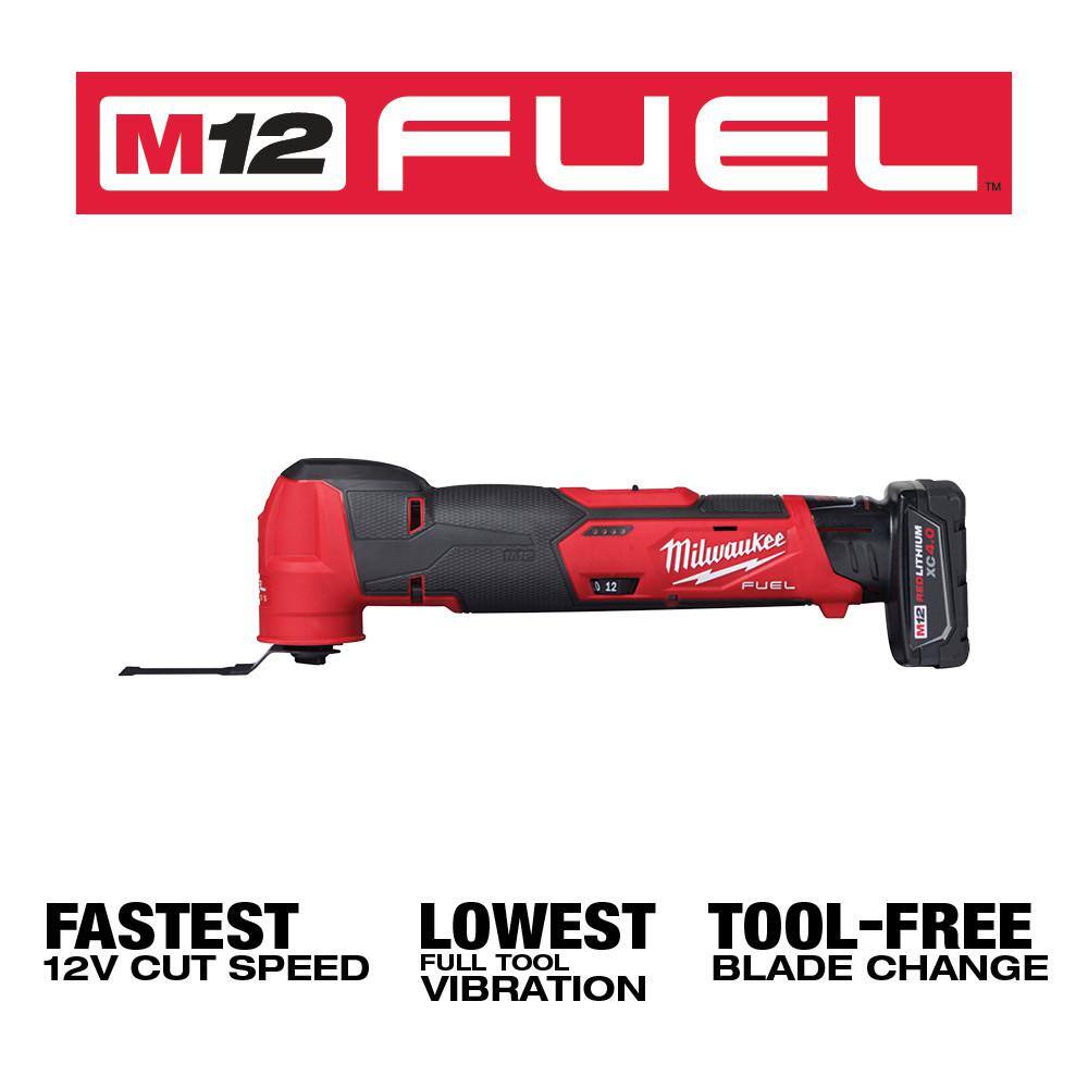 Milwaukee 2526-21XC-2415-20-2460-20-48-11-2460 M12 FUEL 12V Li-Ion Cordless Oscillating Multi-Tool Kit with 3/8 in. Right Angle Drill. Rotary Tool & 6.0Ah Battery