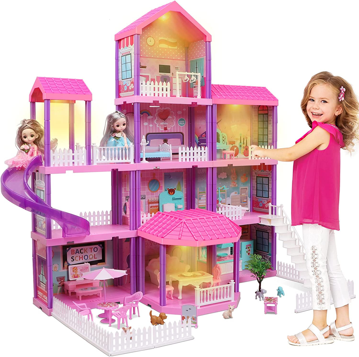 Beefunni 36 inch Dollhouse Playset Girl Toys. 11 Rooms with Doll Toy Figures Toddler Playhouse Christmas Birthday Gifts for 3 4 5 6 7 Year Old Girls