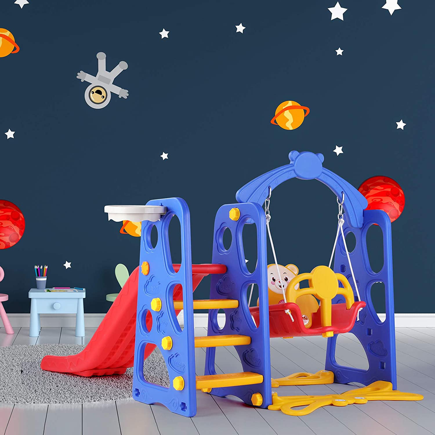 streakboard Kids Slide and Swing Set Toddler Slide Play Climber W/ Basketball Hoop Indoor Outdoor Playground