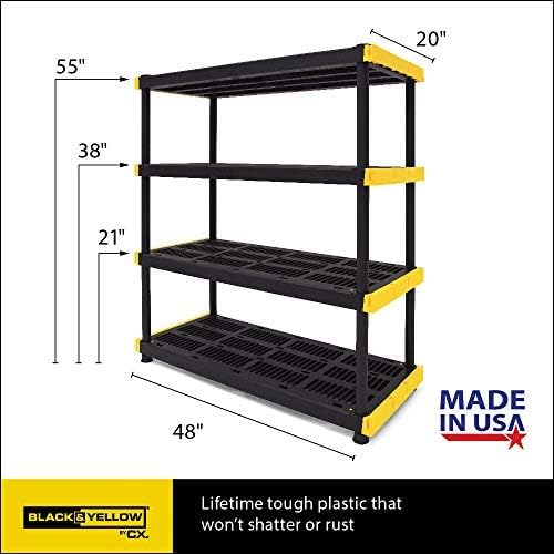 CX Black & Yellow®. 4-Tier Heavy Duty Plastic Storage Shelving Unit. 200lbs/shelf (55H x 48W x 20D). for Indoor/Outdoor Organization. Modular Rack