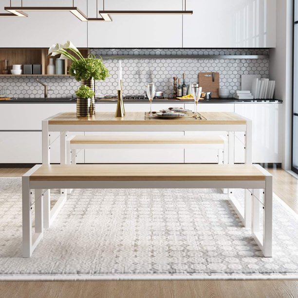 Amolife 3-Piece Modern Industrial Dining Table Set with Benches. White Frame+ Maple