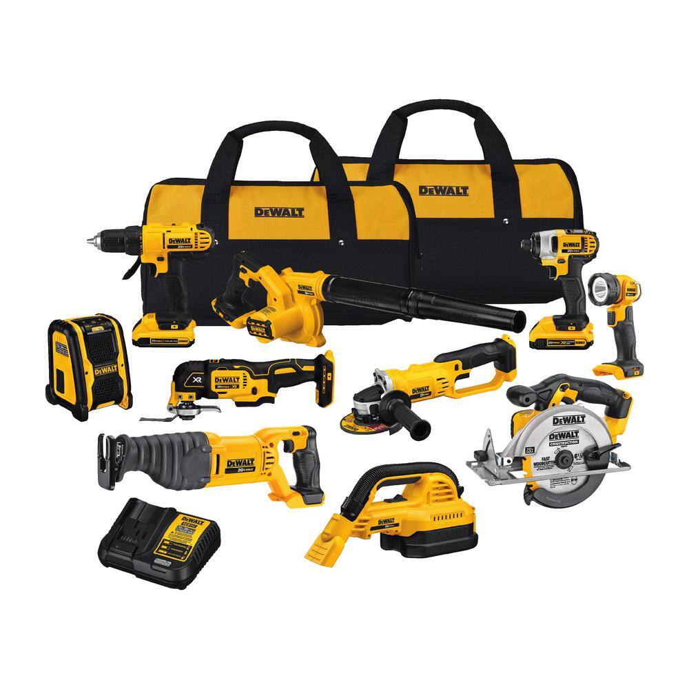 DEWALT  20V MAX Cordless 10 Tool Combo Kit with (2) 20V 2.0Ah Batteries. Charger. and Bag
