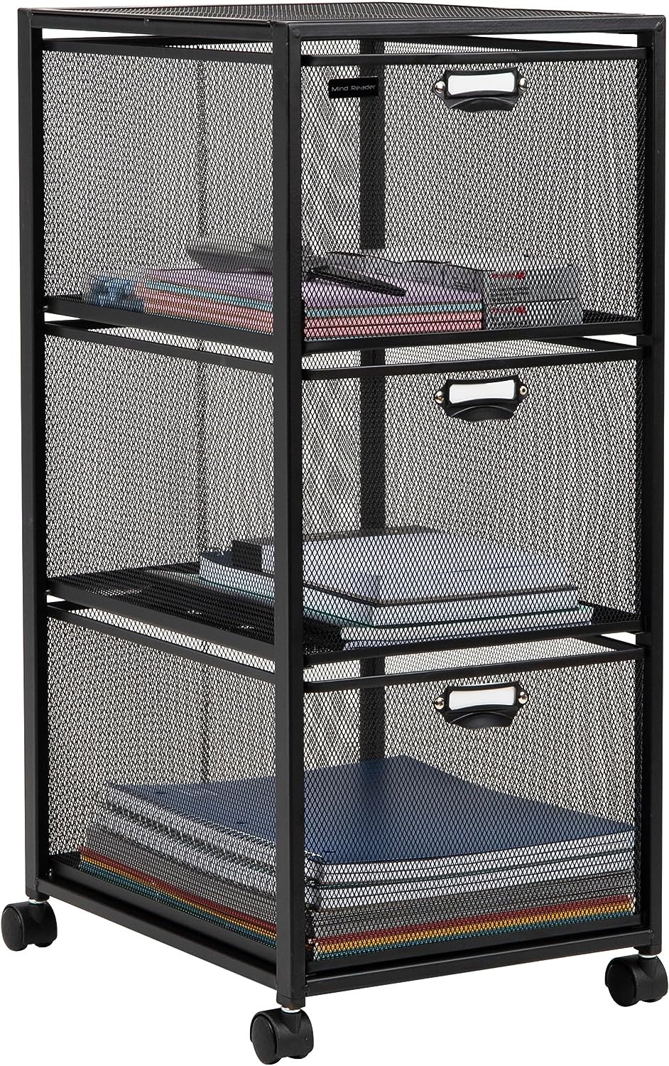 Mind Reader Network Collection. Rolling FIle Cabinet with 3 Removable Drawers. Omnidirectional Wheels. Desk Organizer. Lightweight and Portable. Metal Mesh. 11″L x 14″W x 25″H. Black