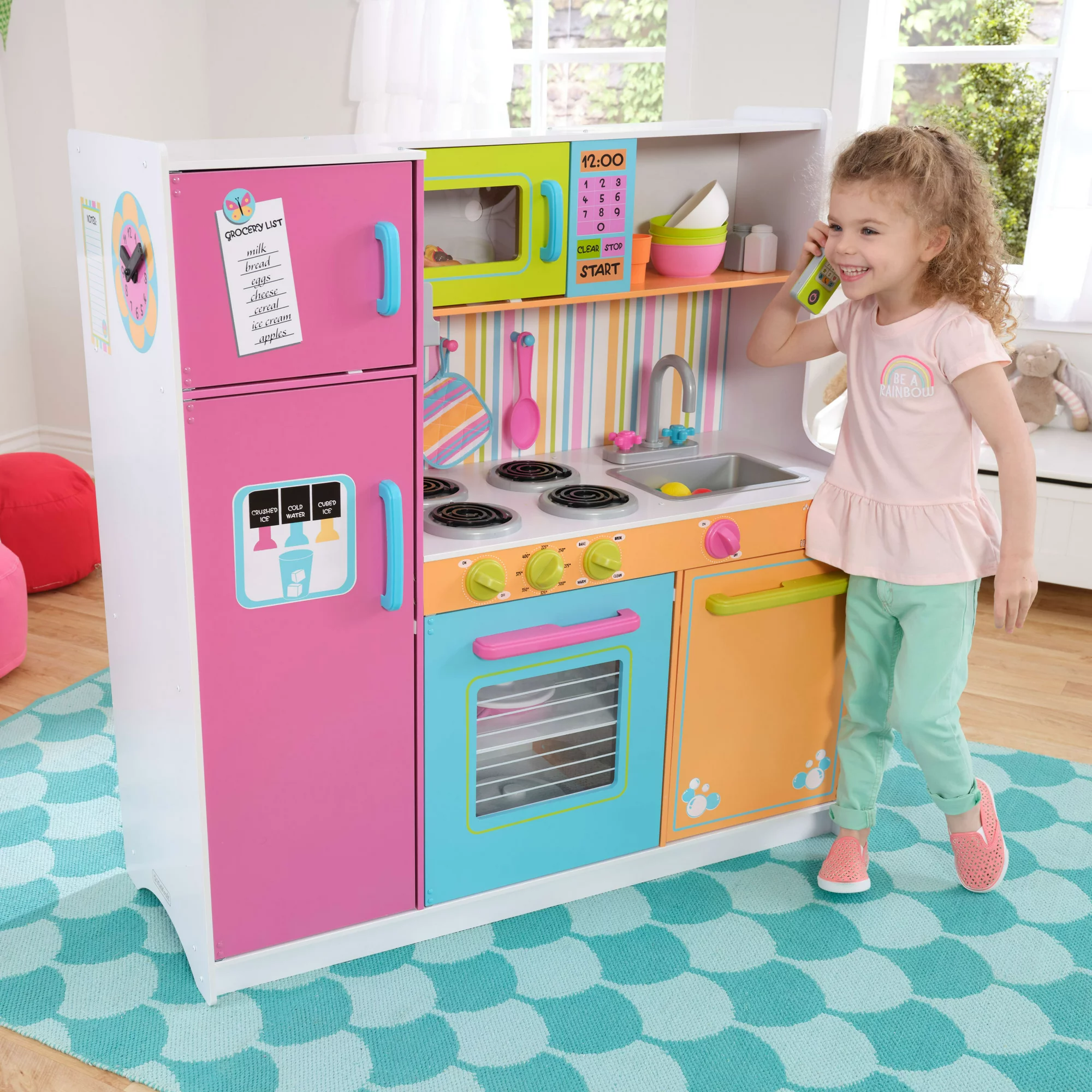 KidKraft Deluxe Big and Bright Wooden Play Kitchen with Play Phone. Neon Colors