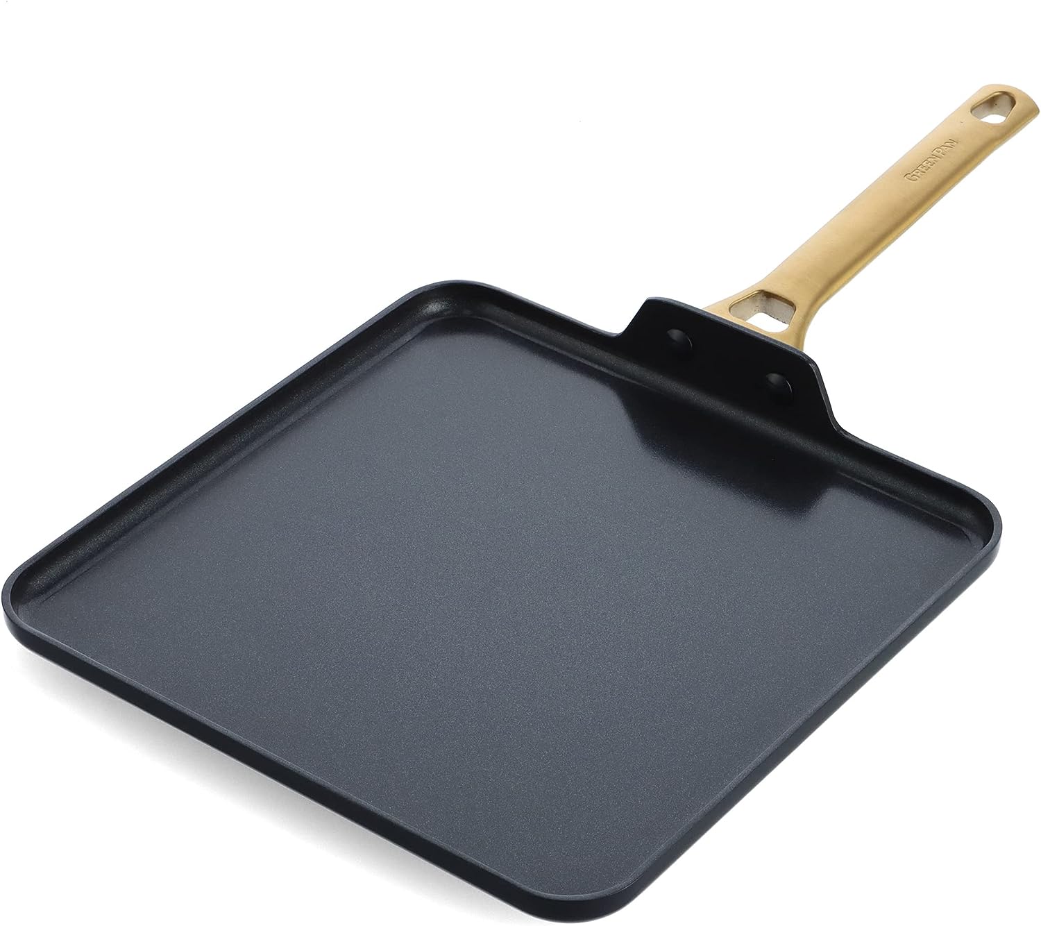 GreenPan Reserve Hard Anodized Healthy Ceramic Nonstick. 11″ Square Griddle Pan. Gold Handle. PFAS-Free. Dishwasher Safe. Oven Safe. Black