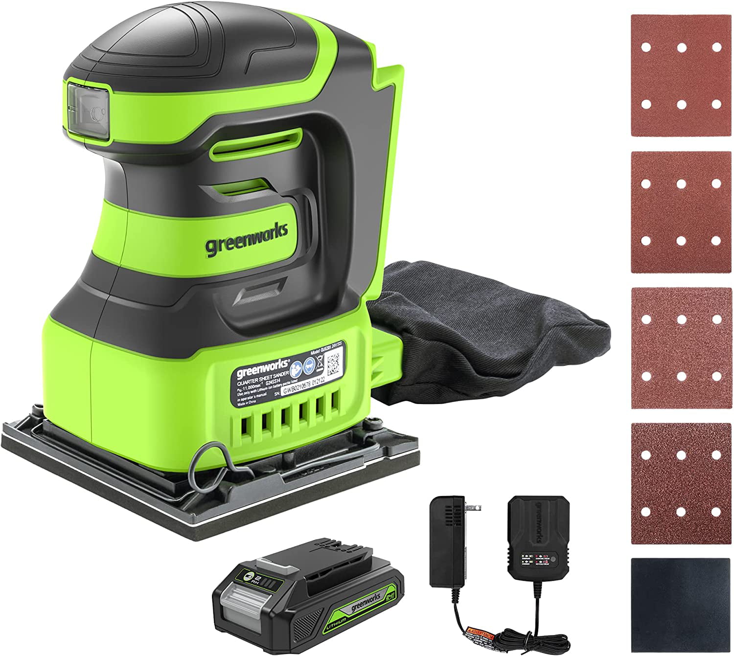Greenworks 24V Cordless 1/4 Quarter Sheet Sander 11.000 OPM with 2Ah Battery and Charger