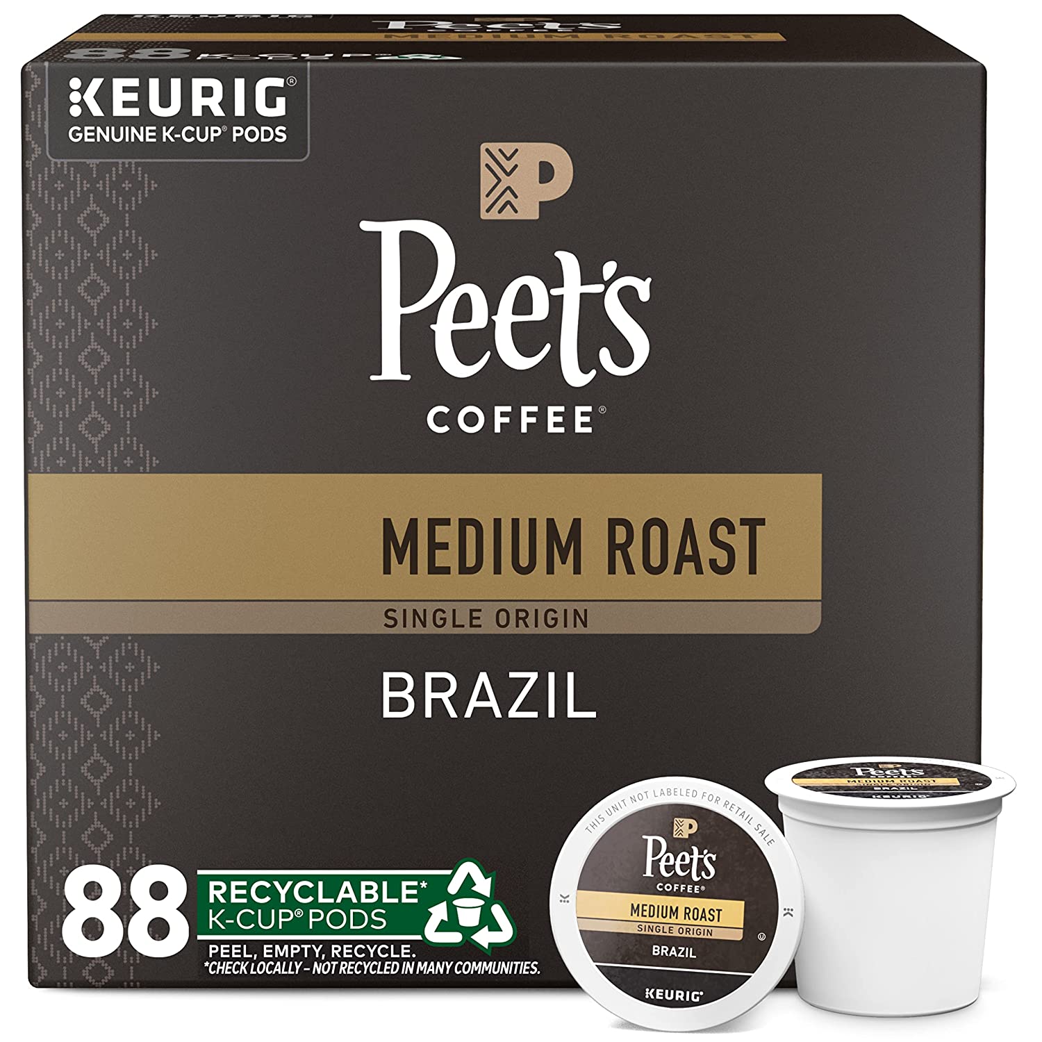Peet-s Coffee. Medium Roast K-Cup Pods for Keurig Brewers - Single Origin Brazil 88 Count (4 Boxes of 22 K-Cup Pods)