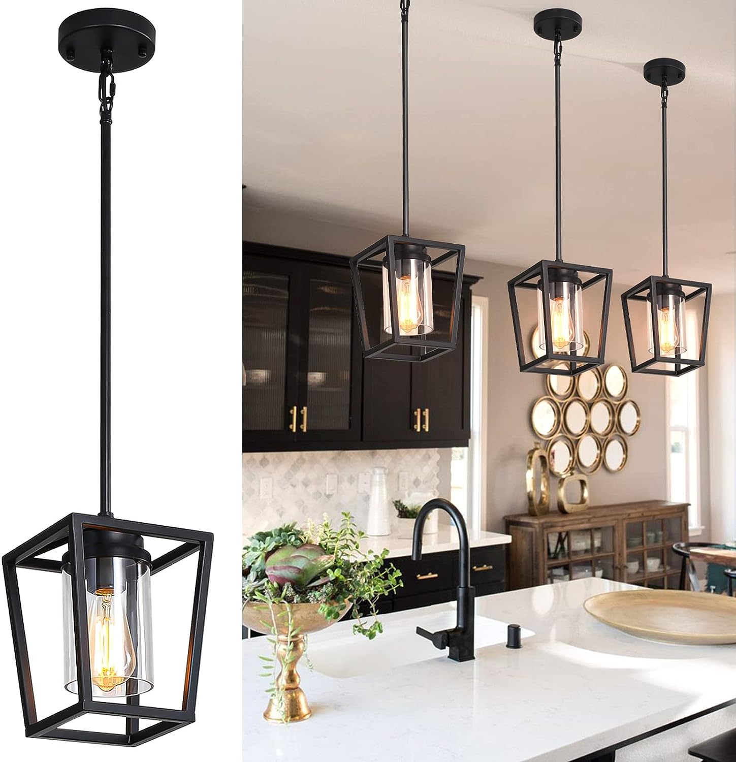 SGLfarmty Black Pendant Lights Kitchen Island. 1-Light Pendant Light Fixtures. Farmhouse Kitchen Island Lighting. Metal Cage Hanging Light with Glass Shade for Hallway. Entryway