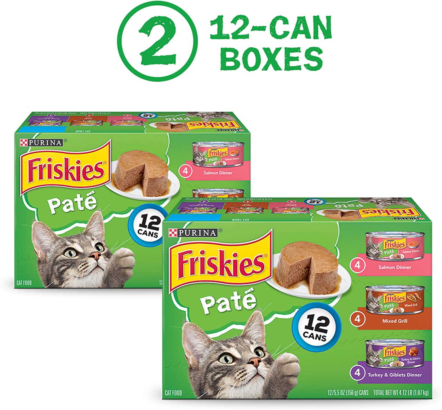 Purina Friskies Pate Wet Cat Food Variety Pack. Salmon. Turkey & Grilled - (2 Packs of 12) 5.5 oz. Cans