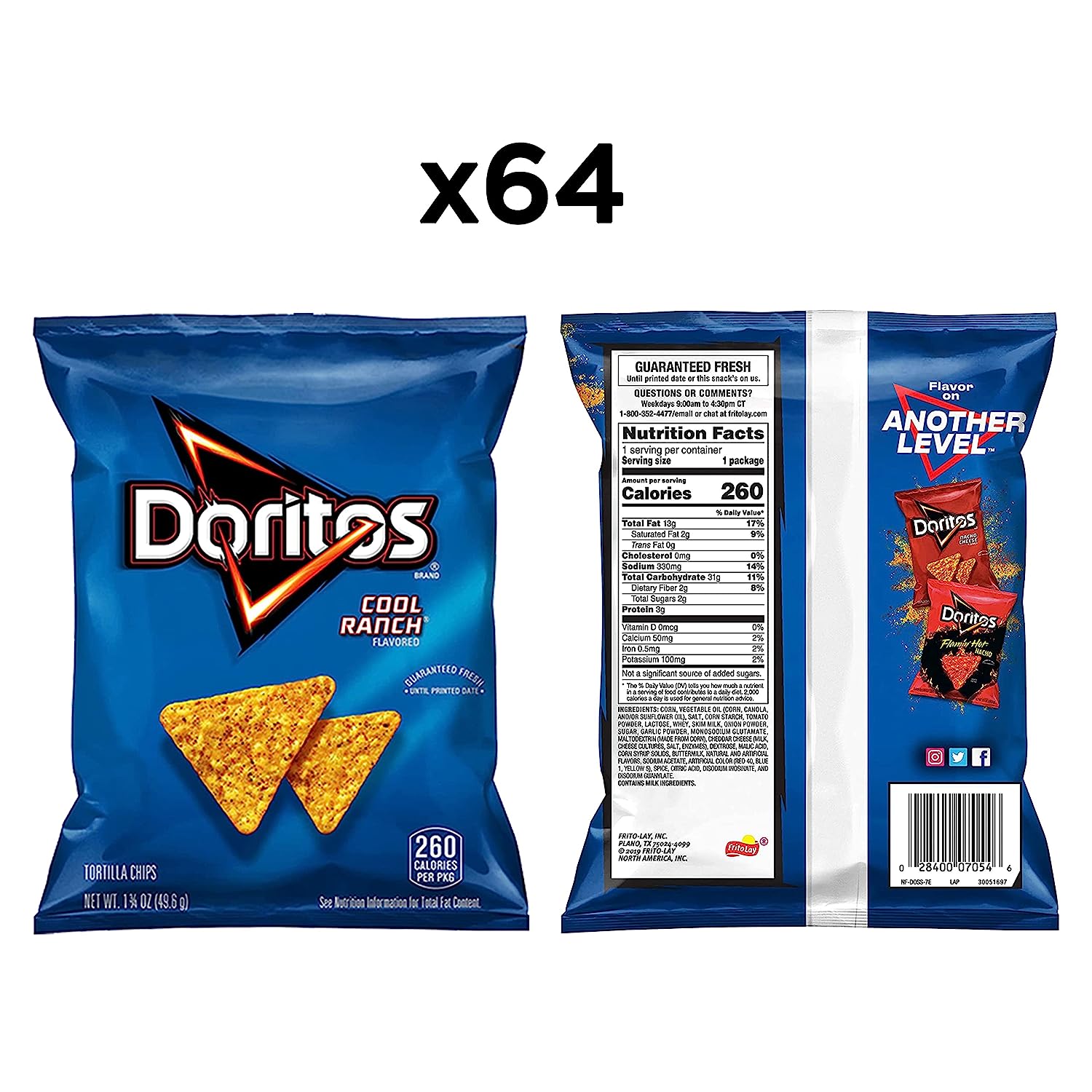 Doritos Cool Ranch Flavored Tortilla Chips. 1.75oz Bags (64 Pack)