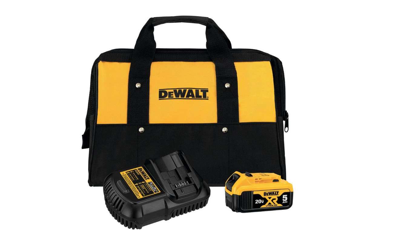 DEWALT DCB205CK 20-Volt MAX XR Premium Lithium-Ion 5.0Ah Battery Pack. Charger & Kit Bag