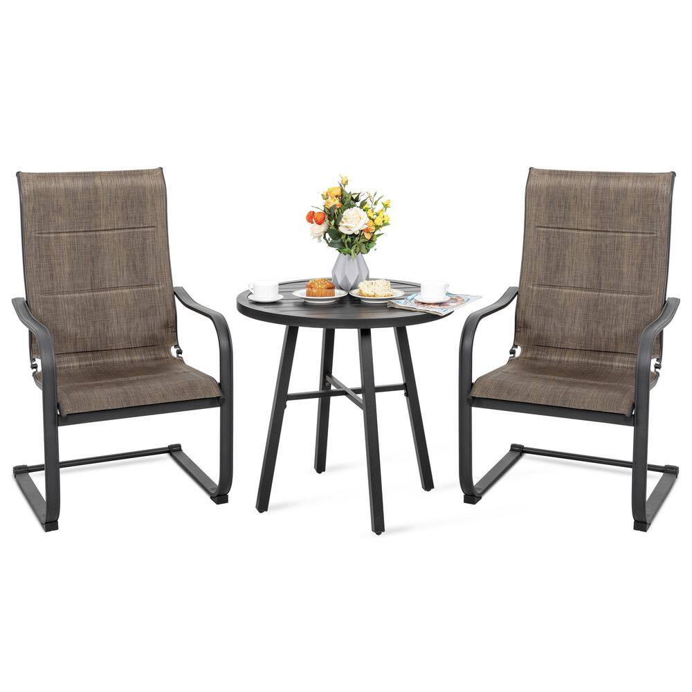 Nuu Garden  3-Piece Metal Patio Outdoor Bistro Set with Round Table and Padded Dining Chairs in Brown