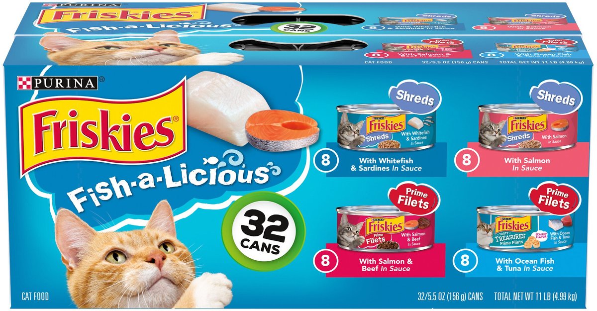 Purina Friskies Wet Cat Food Variety Pack. Fish-A-Licious Shreds. Prime Filets & Tasty Treasures - (32) 5.5 oz. Cans