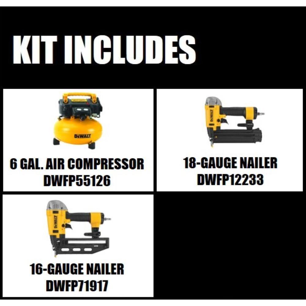 DEWALT DWFP126W917233 6 Gal. 165 PSI Portable Electric Pancake Air Compressor with 18-GA Pneumatic Corded Brad Nailer & 16-GA 2-1/2 in. Nailer