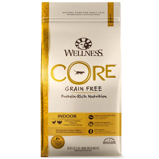 Wellness CORE Natural Grain Free Chicken & Turkey Dry Indoor Cat Food. 5-Pound Bag