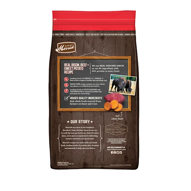 Merrick Grain Free Real Bison. Beef & Sweet Potato Recipe Dry Dog Food. 10 lbs.