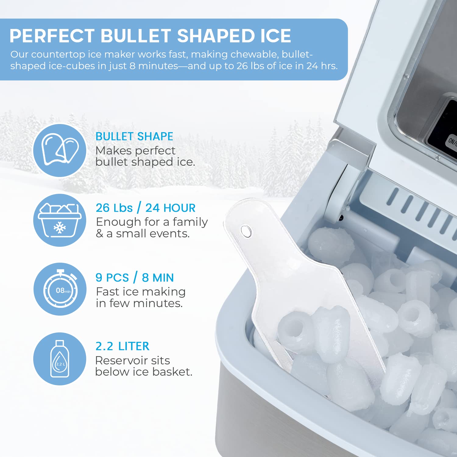 Prime Home Direct R-134A Ice Makers Countertop - Portable Ice Maker - Self-Cleaning Ice Maker - Makes Ice in 6 Minutes. 26 Lbs in 24 Hrs - Ice Machine with Scoop and Basket - Nugget Ice Maker