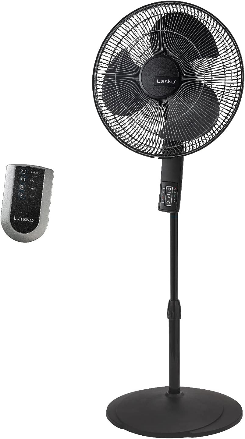 Lasko Oscillating Pedestal Fan. Thermostat. Adjustable Height. Remote Control. Timer. 4 Speeds. for Bedroom. Living Room. Office & Dorm. 16″. Black. S16612