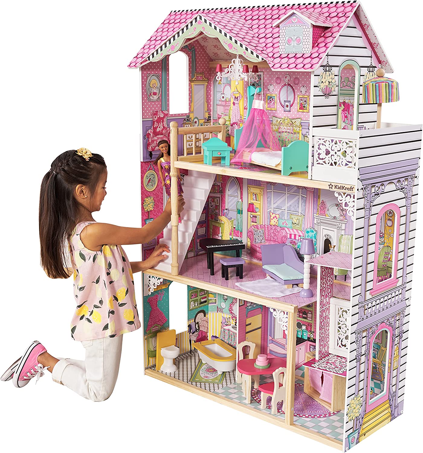 KidKraft Annabelle Wooden Dollhouse with Elevator. Balcony and 17 Accessories. Gift for Ages 3+