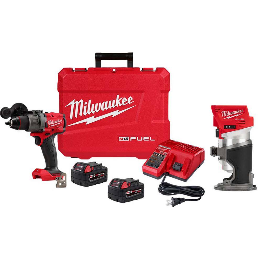 Milwaukee 2904-22-2723-20 M18 Fuel 18-V Lithium-Ion Brushless Cordless 1/2 in. Hammer Drill Driver Kit with M18 FUEL Compact Router