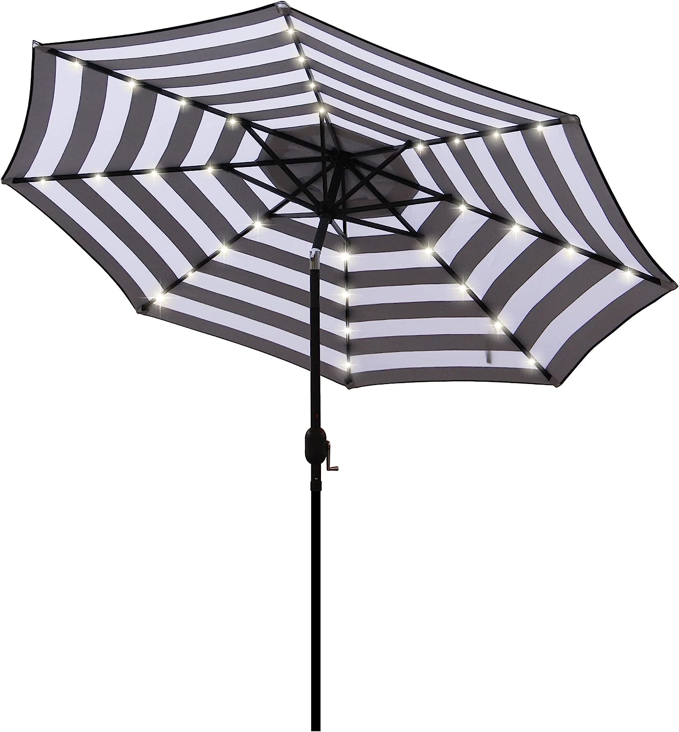 Blissun 9 ft Solar Umbrella 32 LED Lighted Patio Umbrella Table Market Umbrella with Tilt and Crank Outdoor Umbrella for Garden. Deck. Backyard. Pool and Beach (Black and White)