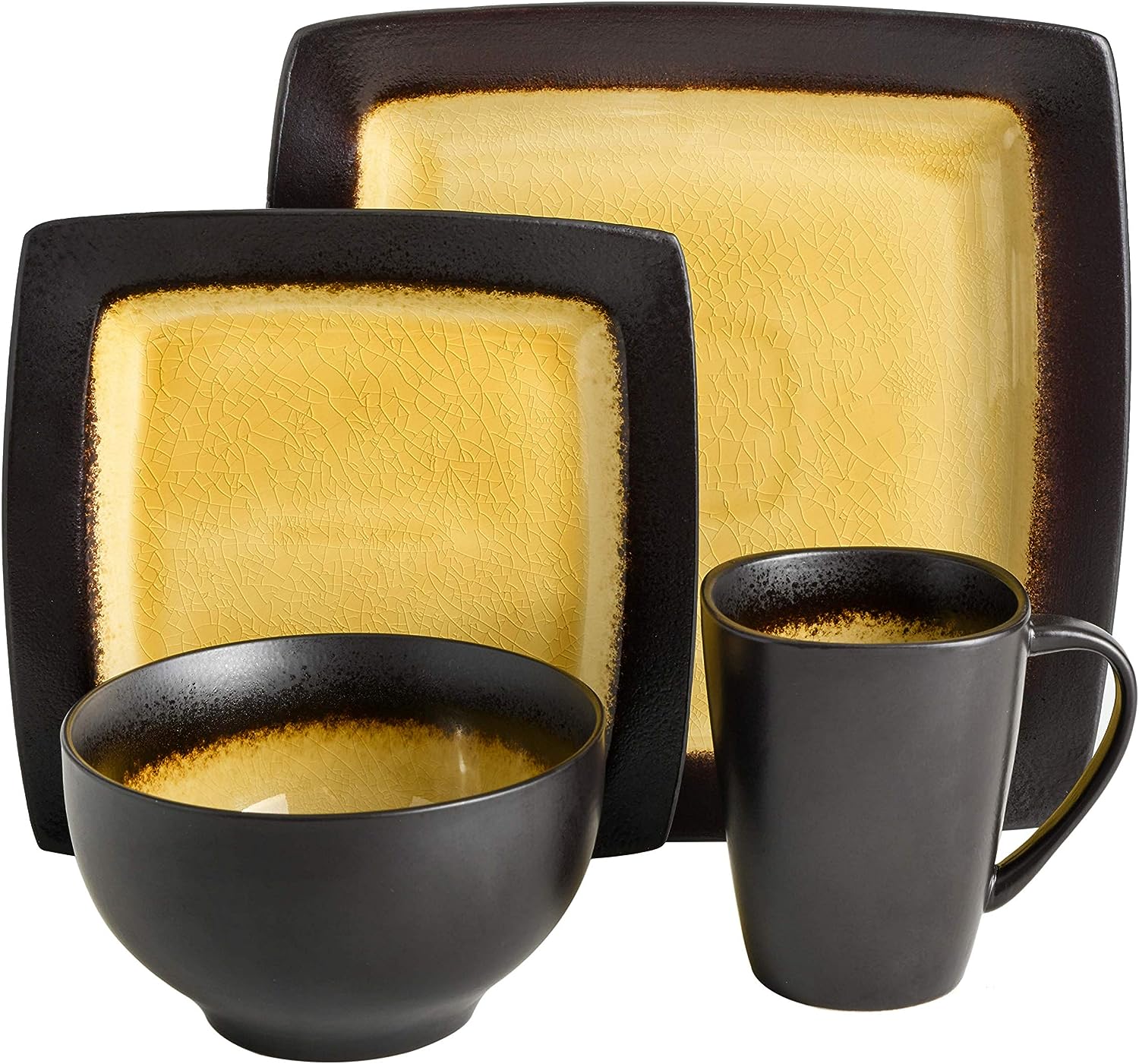 Gibson Elite Ocean Paradise Square Reactive Glaze Stoneware Dinnerware Set. Service for 4 (16pcs). Amber
