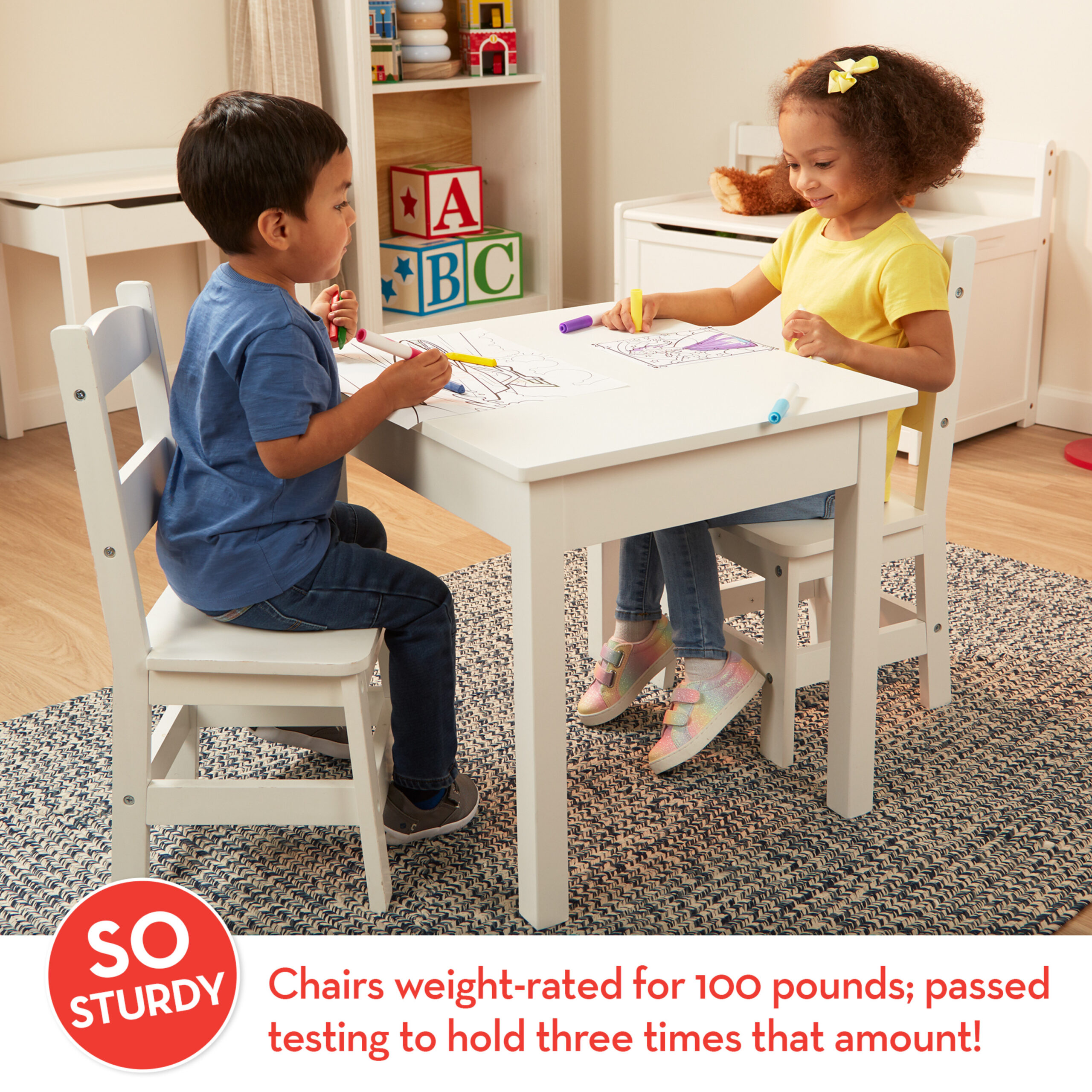 Melissa & Doug Wooden Kids Table and 2 Chairs Set - White Furniture for Playroom
