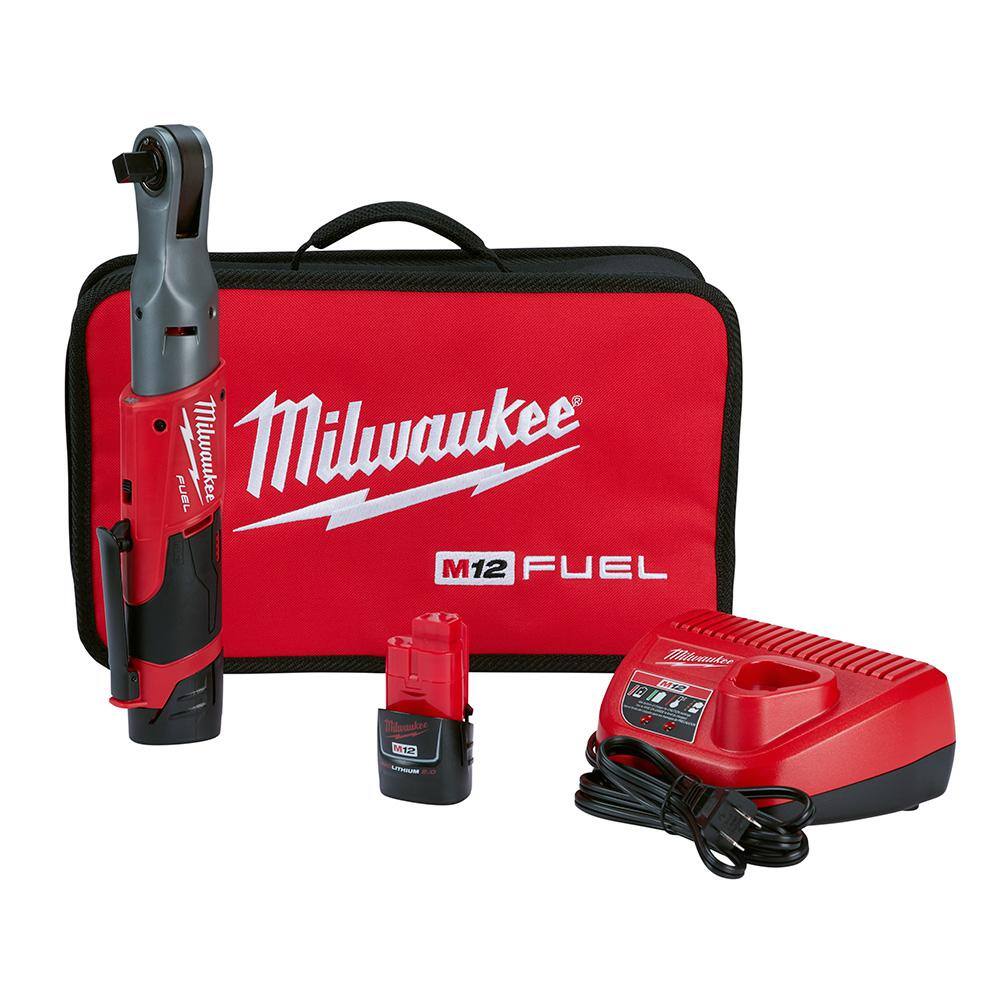 Milwaukee 2558-22 M12 FUEL 12V Lithium-Ion Brushless Cordless 1/2 in. Ratchet Kit W/ (2) 2.0Ah Batteries. Charger & Tool Bag