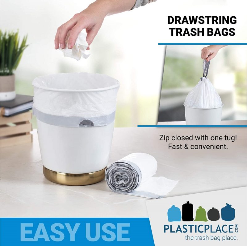 Plasticplace Trash Bags. White Drawstring Garbage Can Liners. 6 Gallon (100 Count)