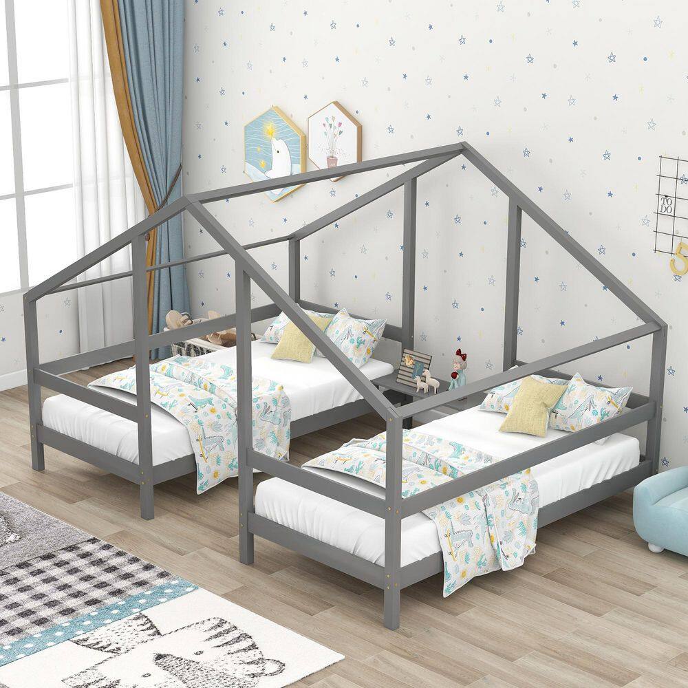 Harper & Bright Designs  Gray Twin Size Double Triangular House Beds with Built-in Table
