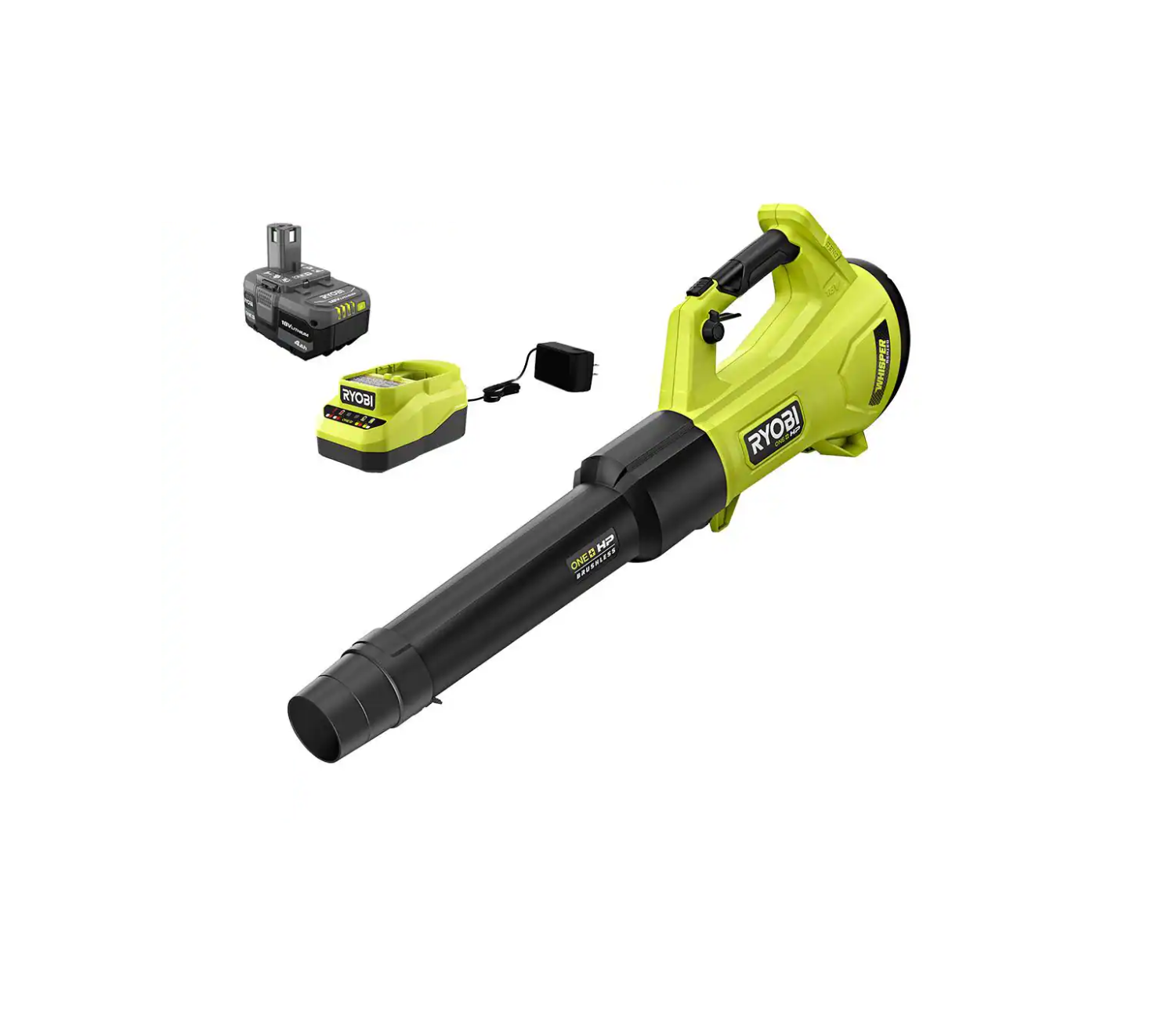 RYOBI P21140VNM ONE+ HP 18V Brushless Whisper Series 130 MPH 450 CFM Cordless Battery Leaf Blower with 4.0 Ah Battery and Charger