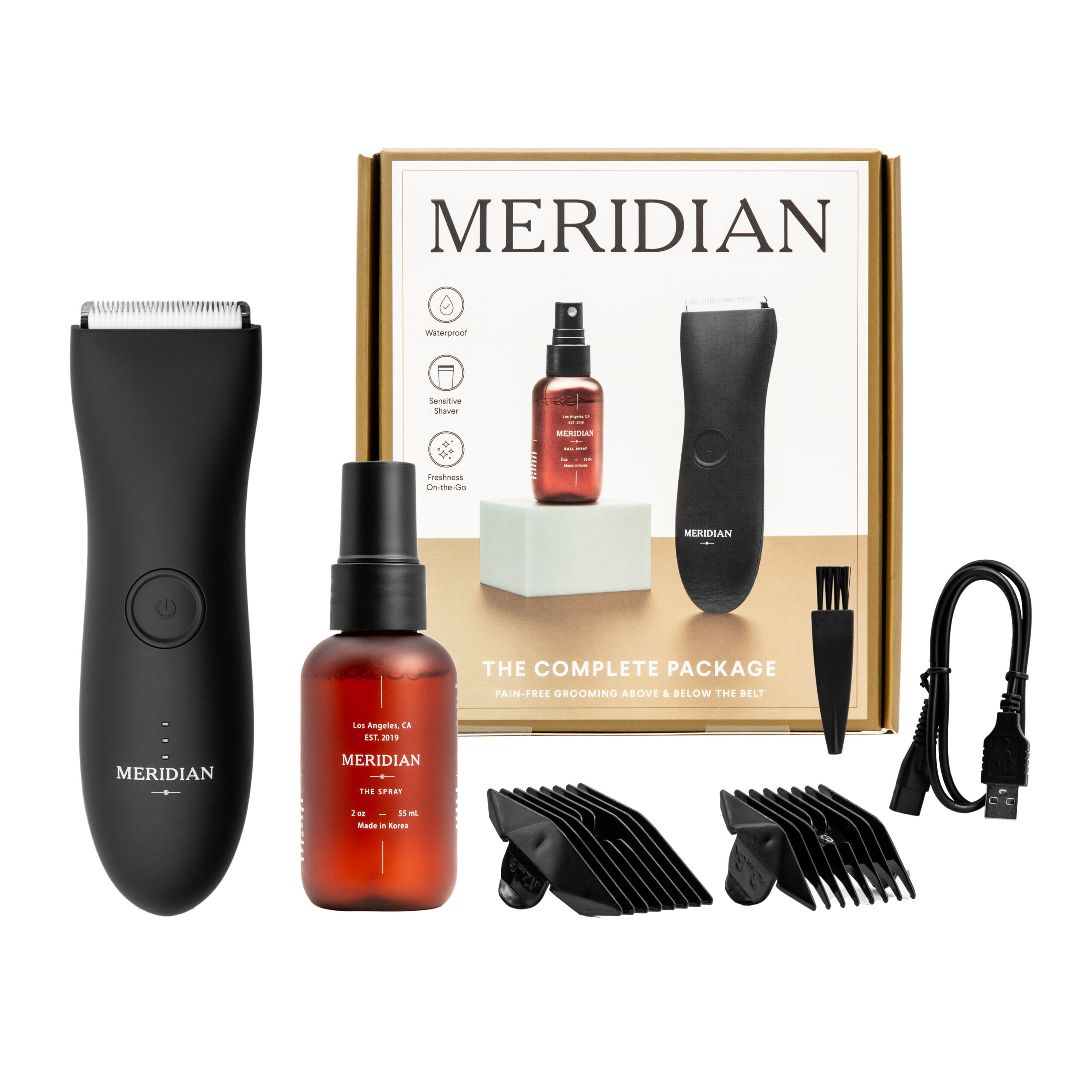 Meridian Complete Package features The Trimmer for grooming men & women body hair. plus The Spray. 2 pc kit