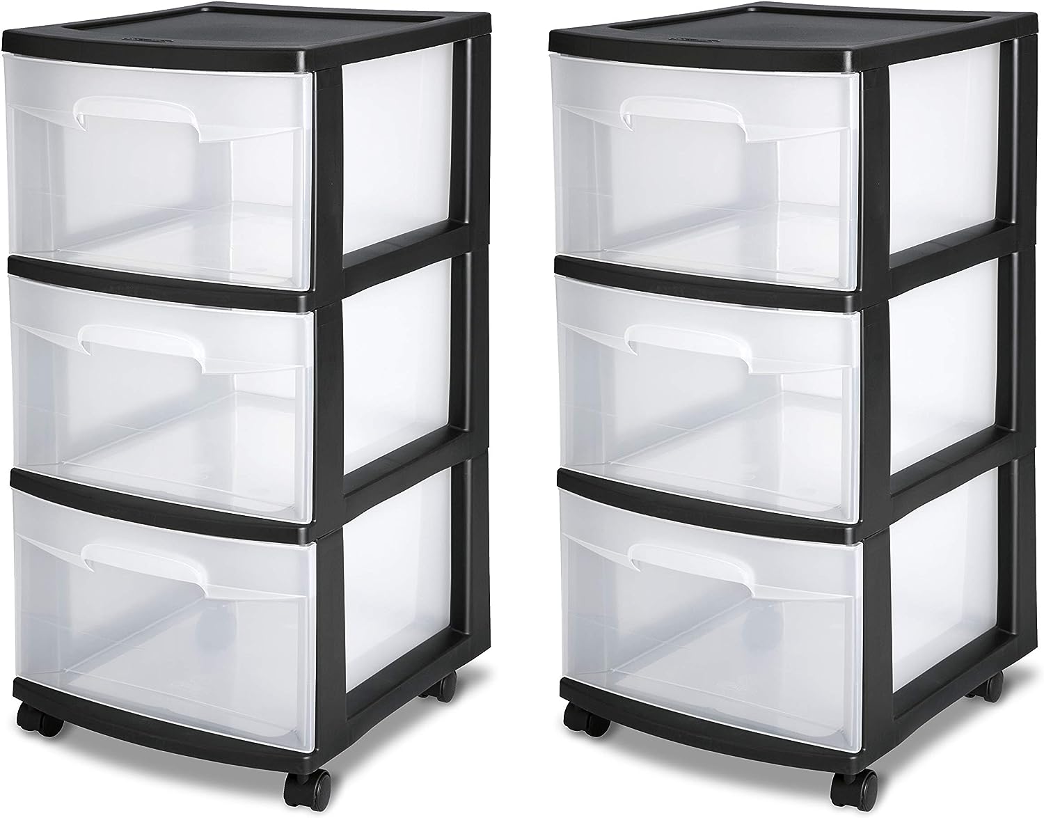 Sterilite 28309002 3 Drawer Cart. Black Frame with Clear Drawers and Black Casters. 2-Pack
