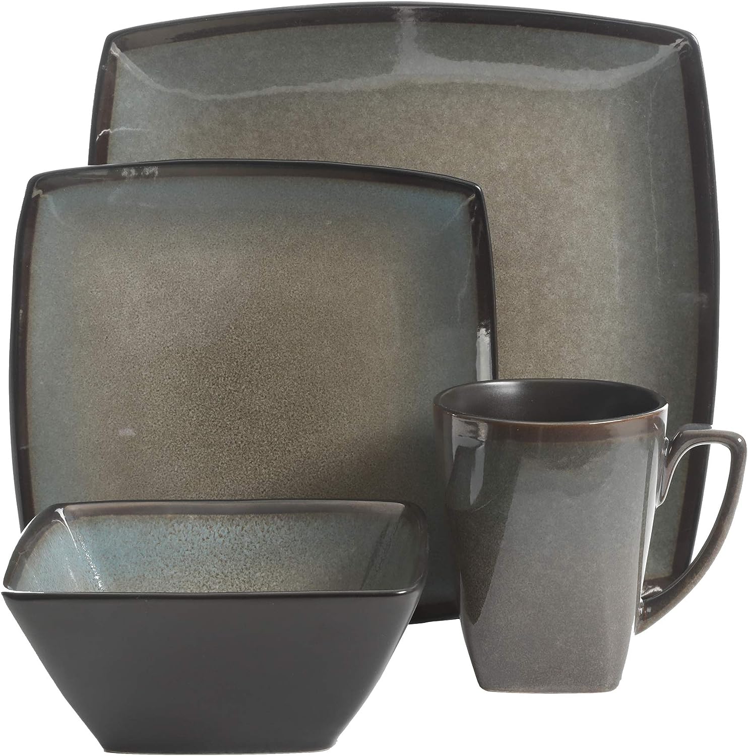 Gibson Elite Tequesta Square Reactive Glaze Stoneware Dinnerware Set. Service for 4 (16pcs). Taupe