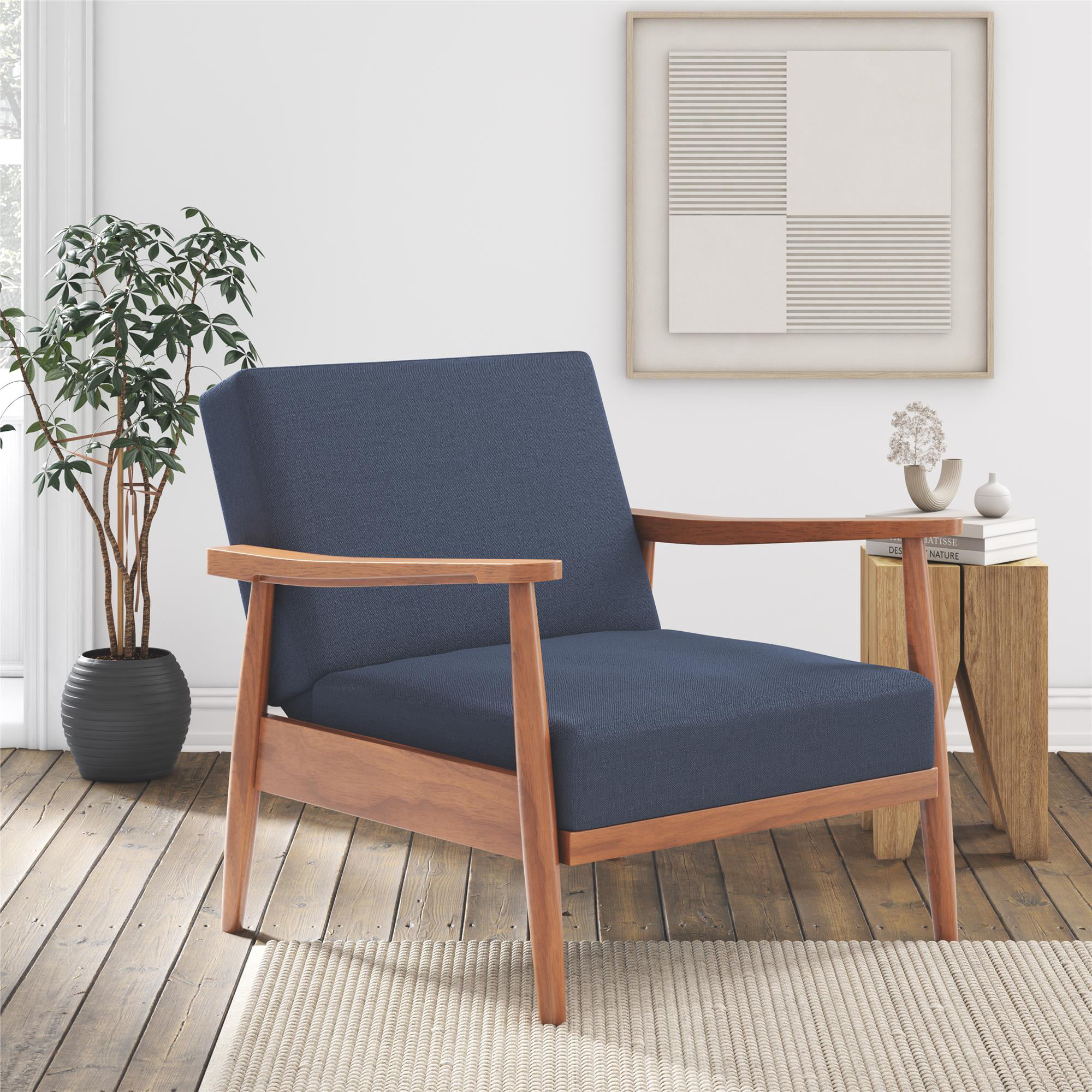 Better Homes & Gardens Mid Century Solid Wood Reclining Accent Chair with Upholstered Seat. Blue