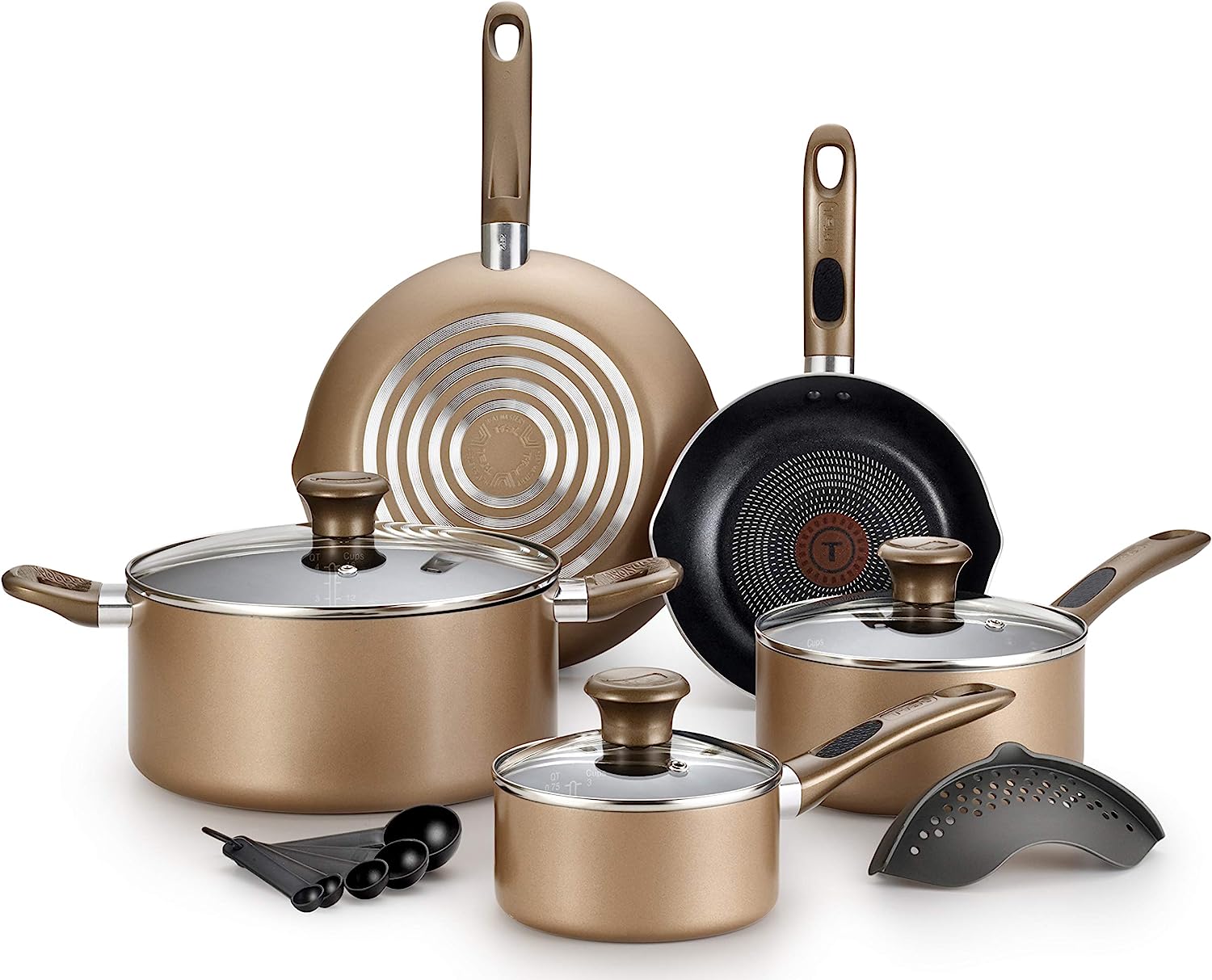T-fal B036SE Excite ProGlide Nonstick Thermo-Spot Heat Indicator Dishwasher Oven Safe Cookware Set. 14-Piece. Bronze