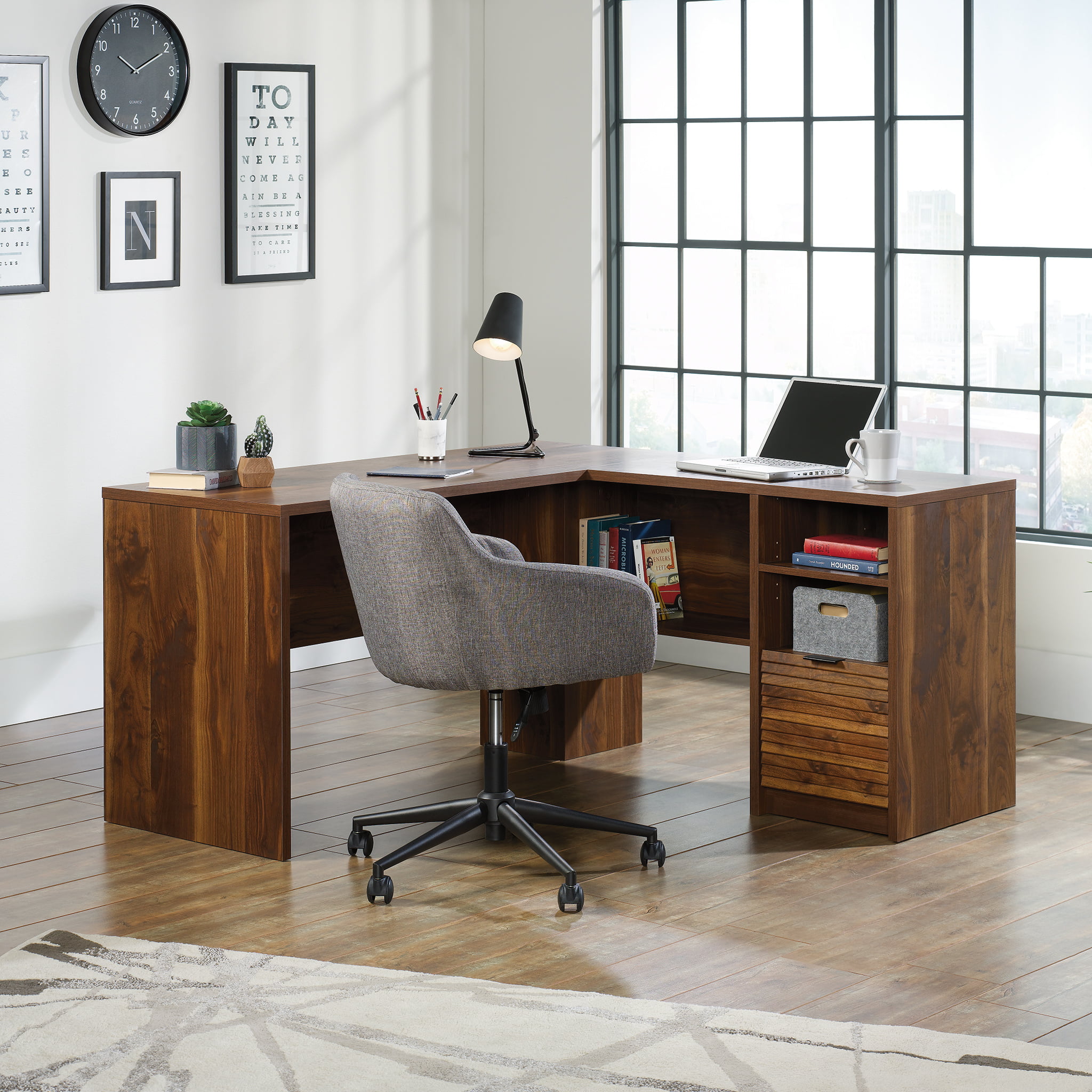 Sauder Harvey Park Mid-Century Modern L-Shaped Office Desk. Grand Walnut Finish