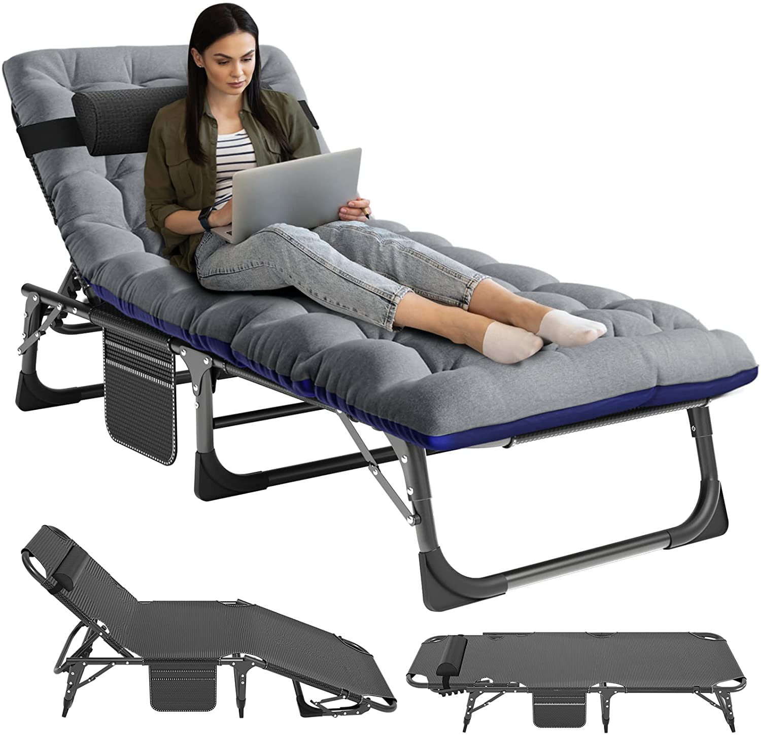 ABORON Camping Cots for Adults. Folding Guest Bed Cot. 4- position Adjustment Folding Chaise Lounge Chair. Folding Bed with 2-Sides Mat & Pillow